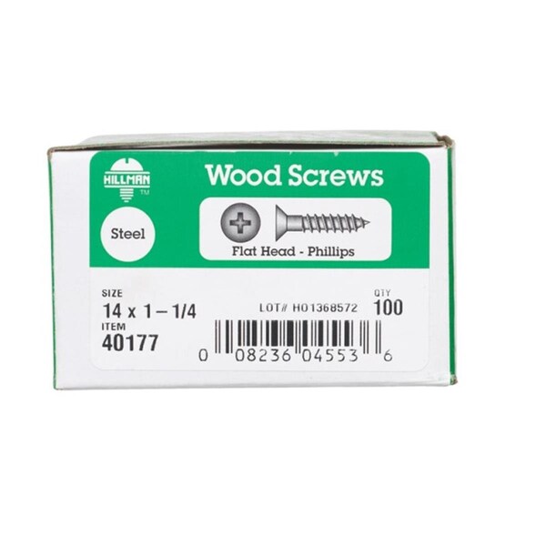 Hillman Wood Screw, #14, 1 1/4 inch, Zinc Plated Steel Flat Head Phillips Drive 77068 - main